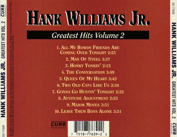 Hank Williams Jr. Greatest Hits Volume 2 (1994) - CD